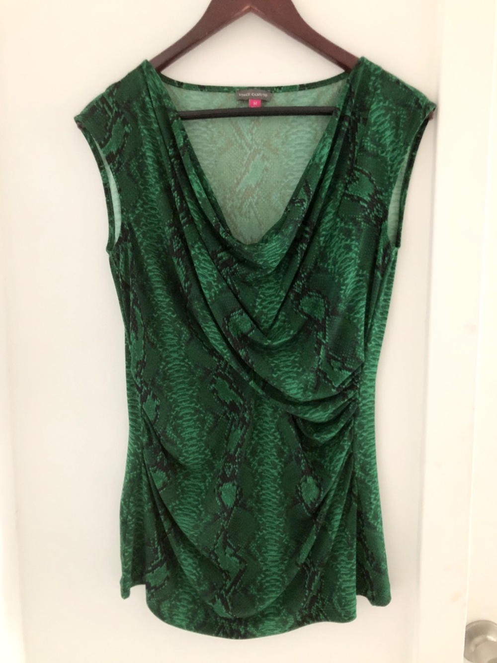 Vince Camuto Green Snakeskin Cowl Neck Ruched Blouse size M